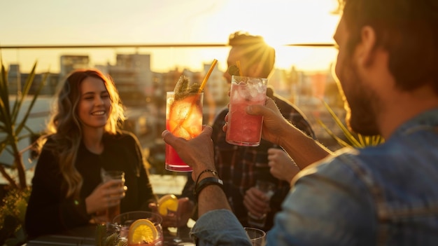 Amigos brindando com vibrantes coquetéis Granini Sensation numa varanda iluminada pelo sol, risos enchendo o ar.