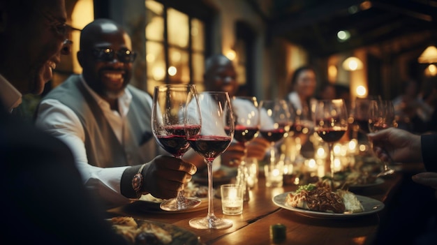 Amigos brindando com vinho vermelho em uma ilustração de mesa de restaurante