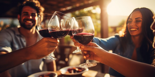 Amigos brindando con una copa de vino tinto y divirtiéndose animando