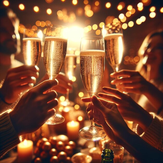 Foto amigos brindando con copas de champán capturando la cálida celebración del año nuevo