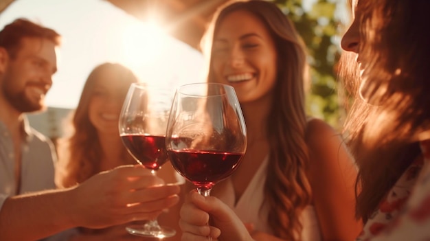 Amigos brindando con copas de vino tinto en una bodega soleada o una boda capturando una celebración alegre AI generativa