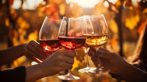 Amigos brindando con vasos de vino rojo y blanco en un viñedo durante el otoño