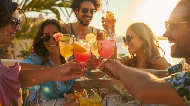 Amigos brindando con vibrantes cócteles Granini Sensation en un balcón iluminado por el sol las risas llenan el aire