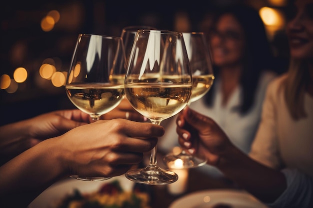 Amigos brindando vinho branco no restaurante Jovens felizes com coquetéis no pub Ilustração gerada por IA