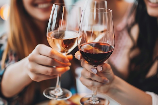 Amigos brindando con vino blanco en un restaurante con IA generada