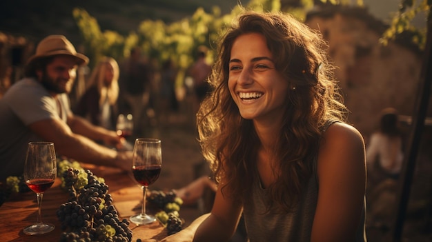 Amigos brindando vino en un viñedo al aire libre durante el día