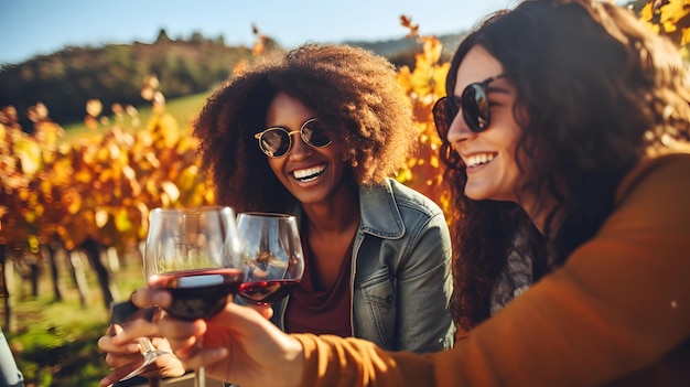 Foto amigos brindando vino en un viñedo durante el día al aire libre felices amigos divirtiéndose al aire libre jóvenes