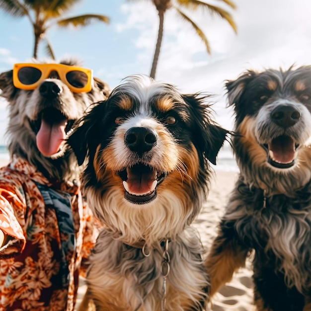 Amigos cães tirando uma selfie durante uma viagem à praia gerada por IA