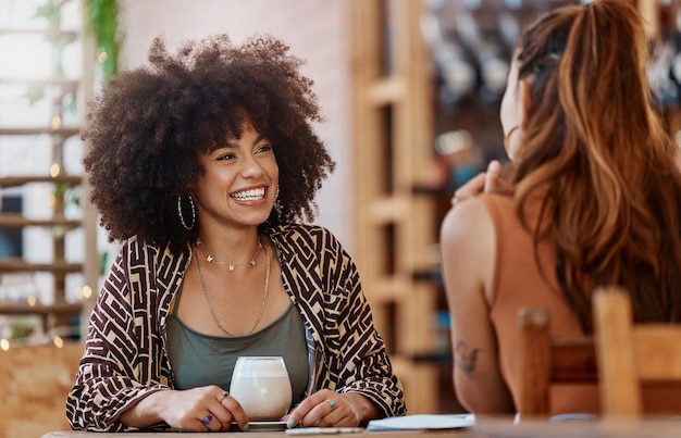 Amigos de la cafetería y mujeres en una conversación feliz discusión y hablando de pequeñas empresas o reseñas de restaurantes Emocionados gen z y clientes o africanos charlan divertidos y beben té en un café