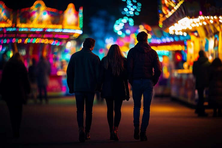 Amigos caminando por un colorido carnaval por la noche en un ambiente festivo IA generativa