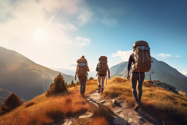 Amigos caminando a lo largo de un sendero de cañón iluminado por el sol