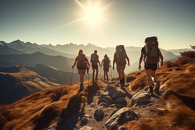 Amigos caminando a lo largo de un sendero de cañón iluminado por el sol