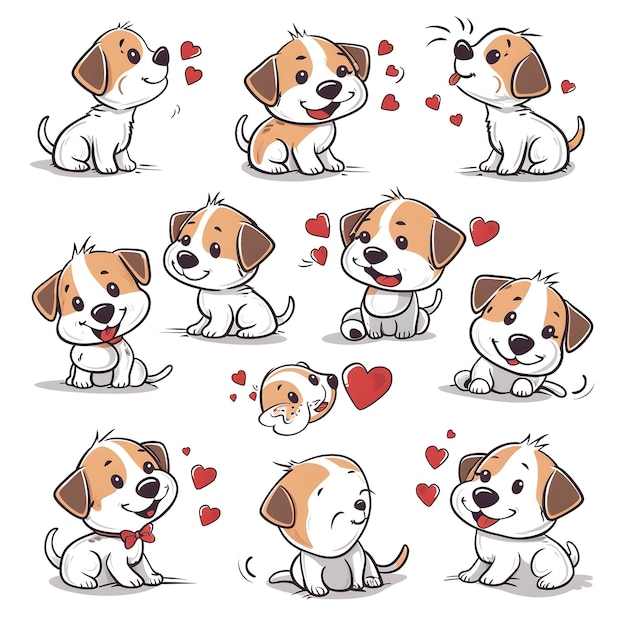 Foto amigos caninos de dibujos animados en poses alegres con corazones