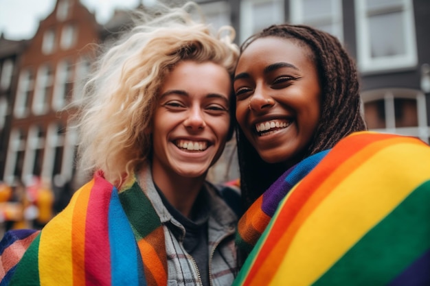 Amigos carismáticos na Parada do Orgulho LGBTQ em Amsterdã Celebração do Orgulho de Amsterdã