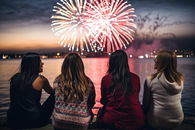 Amigos celebrando fuegos artificiales de Año Nuevo en el cielo generados por IA