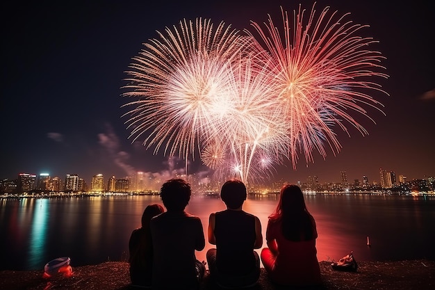 Amigos celebrando fuegos artificiales de Año Nuevo en el cielo generados por IA