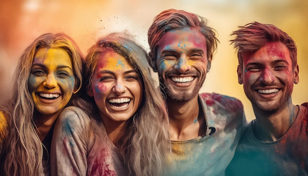 Amigos celebren el Festival de los Colores feliz holi concepto indio