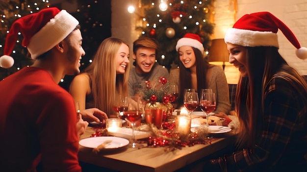 Amigos cenando Navidad en la mesa del comedor