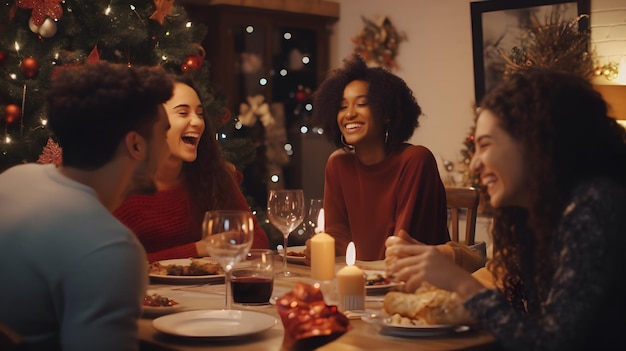 Amigos cenando Navidad en la mesa del comedor