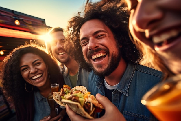 Foto amigos cercanos con bebidas y tacos