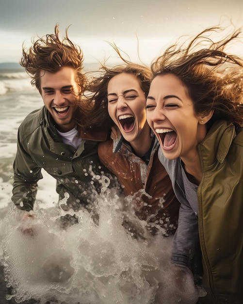 Amigos chapoteando en las olas del océano, su alegría y risas resuenan en la playa