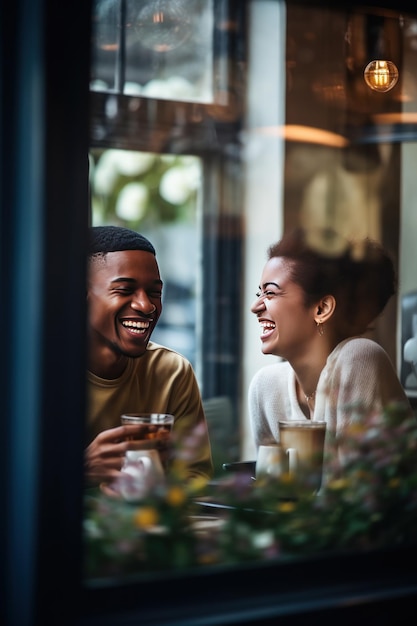 Los amigos charlan con risas llenando un espacio acogedor disfrutando de bebidas con una buena conversación en el café