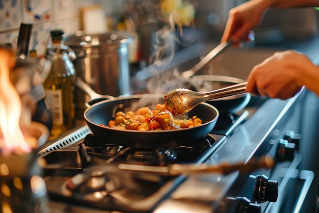 Amigos cocinando juntos en una cocina bien equipada