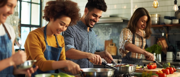 Amigos cocinando juntos en la cocina