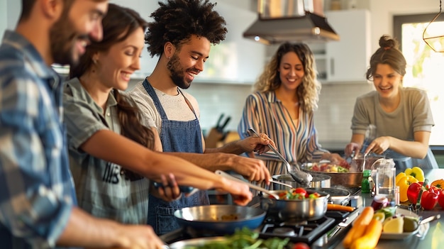 Amigos cocinando juntos en la cocina