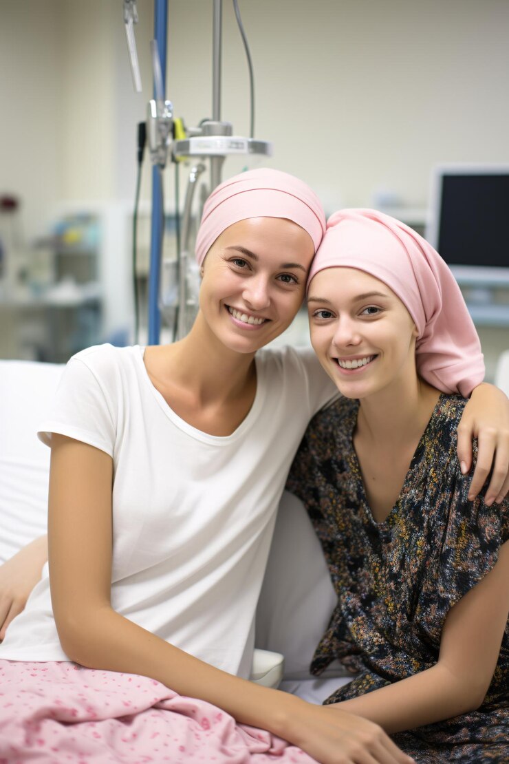 Amigos com câncer sentados na cama do hospital, sorrisos de atitude positiva gerados por Ai
