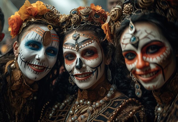 Amigos com os rostos pintados com os motivos típicos da festa do Dia dos Mortos.