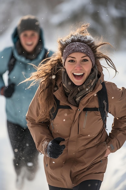 Amigos com roupas quentes correndo na neve IA generativa