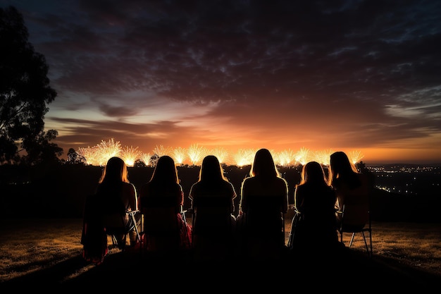 Amigos comemorando fogos de artifício de Ano Novo no céu IA generativa