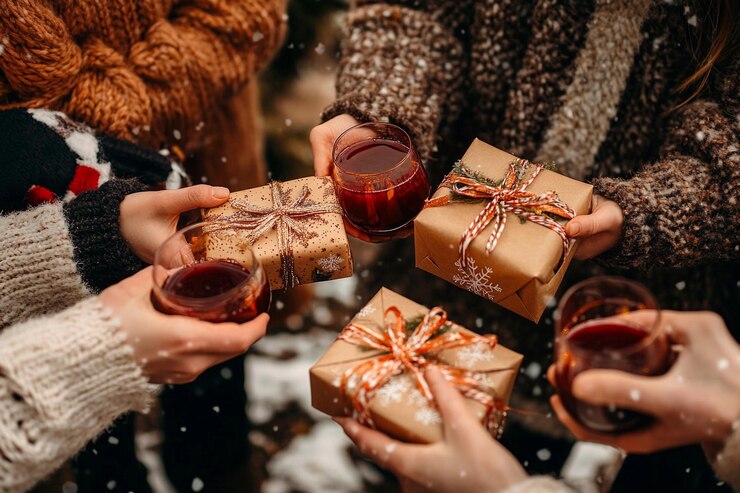 Amigos compartiendo bebidas y regalos durante una celebración de invierno nevado en un entorno acogedor IA generativa