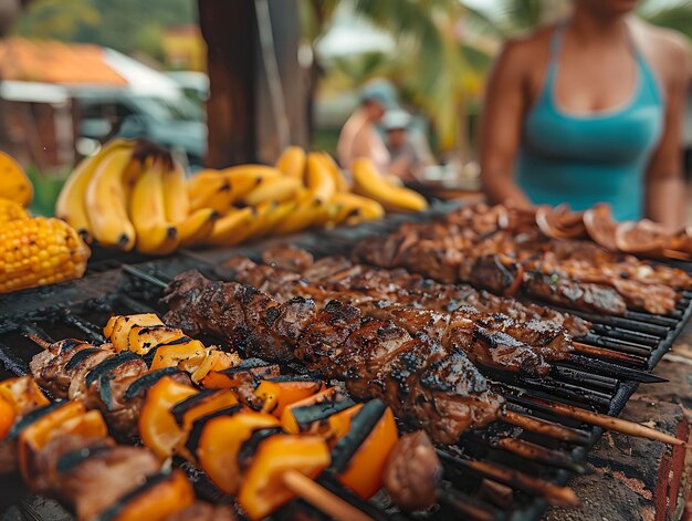 Foto amigos compartiendo una deliciosa barbacoa en un animado vecino venezolano actividades navideñas de fondo