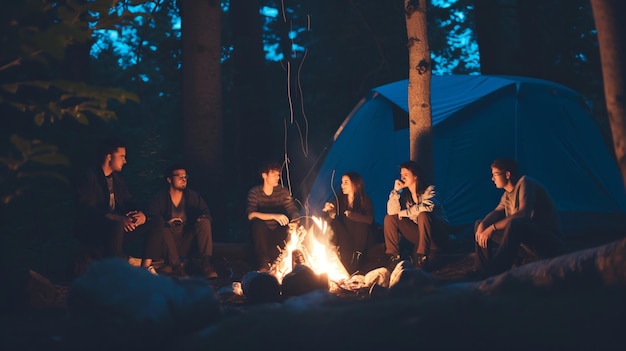 Amigos compartiendo historias y disfrutando de la calidez de una fogata bajo el hipnótico cielo estrellado de la noche la experiencia perfecta de acampar
