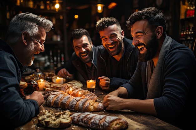 Amigos compartilham vários pães em encontro caloroso IA geradora