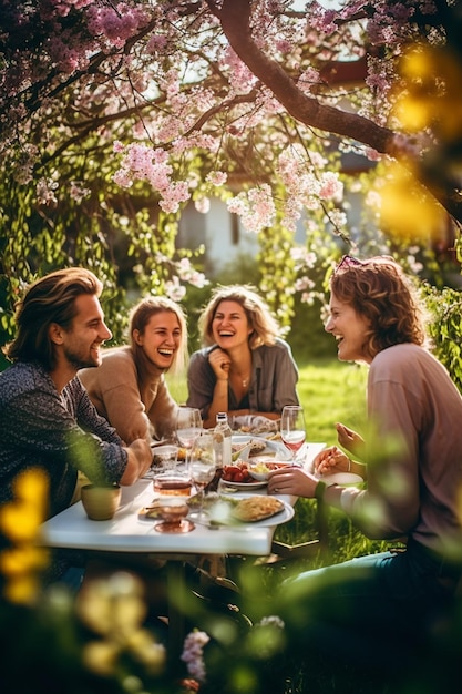 Amigos compartilhando risadas e refeições sob a copa de árvores floridas em um jardim primaveril
