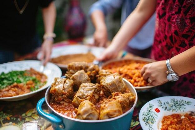 Amigos compartilhando rolos de repolho em um jantar