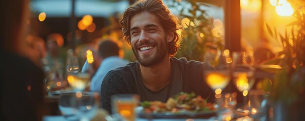 Amigos compartilhando uma refeição em um restaurante no telhado