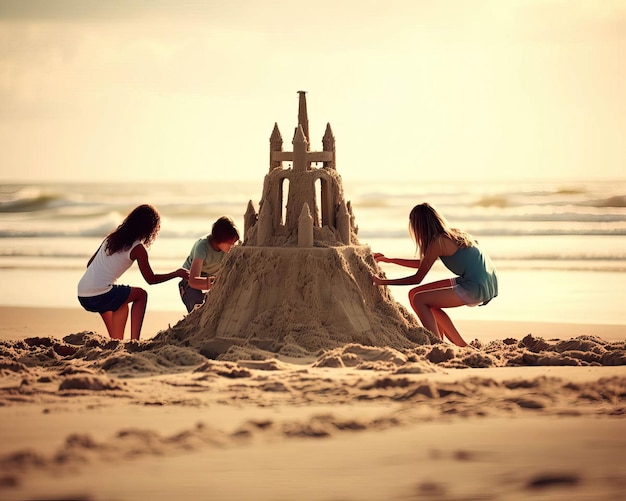 Amigos construindo castelos de areia na praia, sua criatividade e amizade entrelaçadas