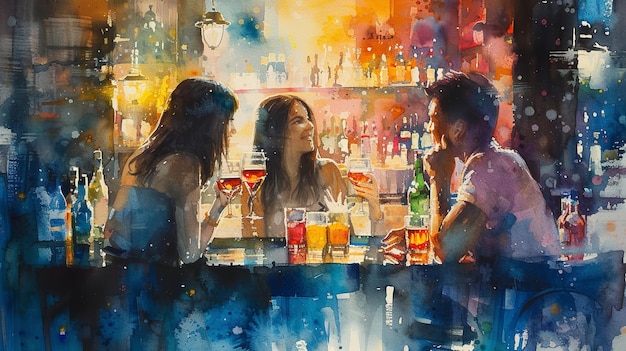 Amigos conversando em um café em aquarela Generative Ai