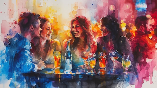 Foto amigos conversando em um café em aquarela generative ai