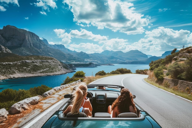 amigos en convertible en un viaje por carretera en las montañas y vistas al mar al atardecer