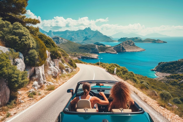 amigos en convertible en un viaje por carretera en las montañas y vistas al mar al atardecer