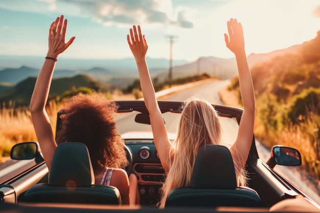 amigos en convertible en un viaje por carretera en las montañas y vistas al mar al atardecer