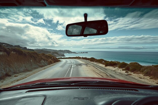 amigos en convertible en un viaje por carretera en las montañas y vistas al mar al atardecer