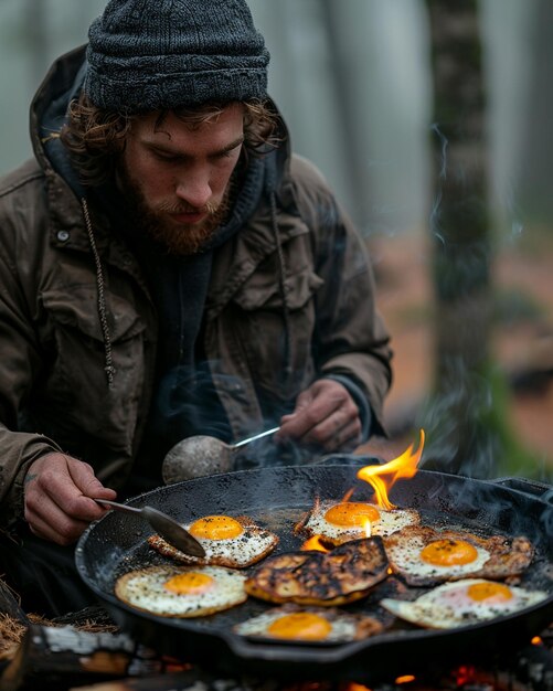 Foto amigos cozinhando o café da manhã em uma fogueira de acampamento