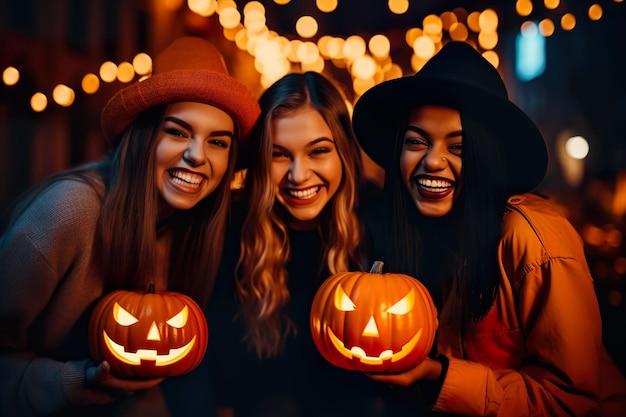 Foto amigos curtindo festa comemorando em fantasia de bruxa de halloween ai gerado