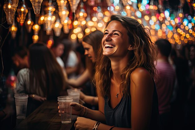 Amigos dançam e celebram aniversários sob luzes vibrantes e balões coloridos.